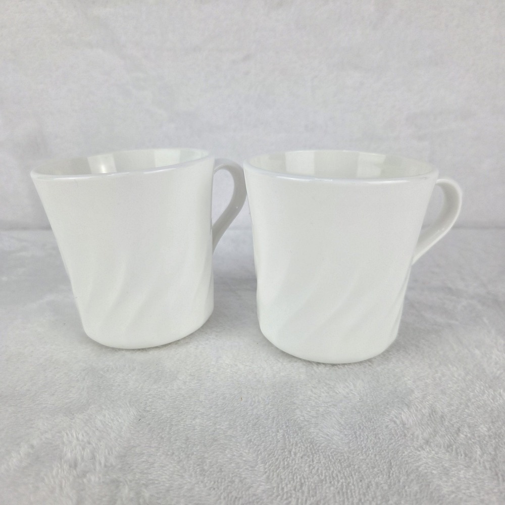 Vintage Corelle Enhancements White Swirl Mugs Corning Coffee Tea Cups - Set of 2